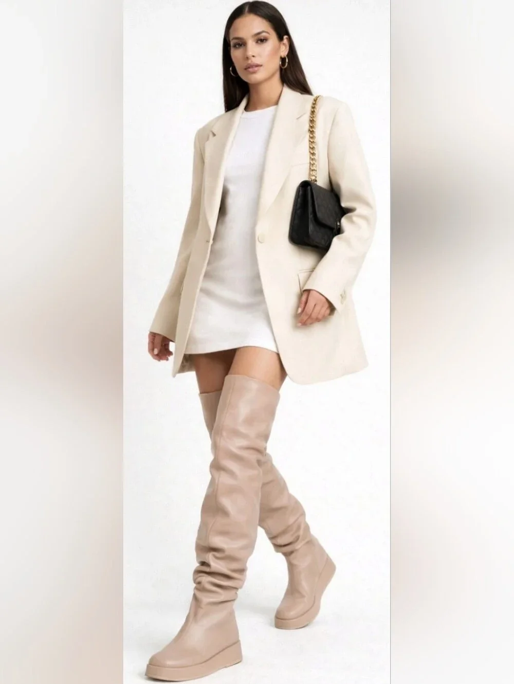 NEW Gia Borghini x RHW Rosie 10 Leather Thigh-High Boots TAN BEIGE Platform